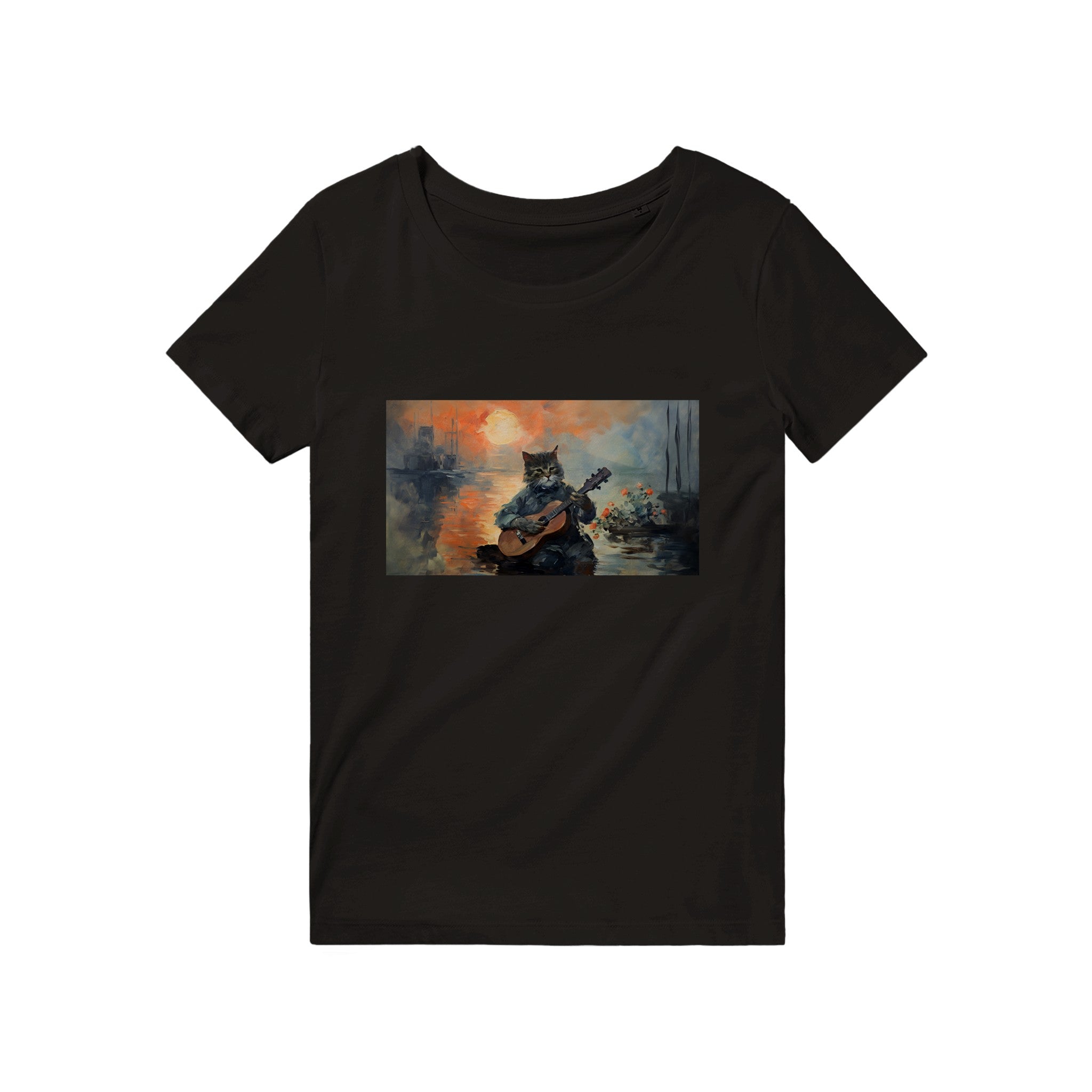 Claude Monets - "Impression, Sonnenaufgang" mit Gitarre spielender Katze - unisex T-shirt